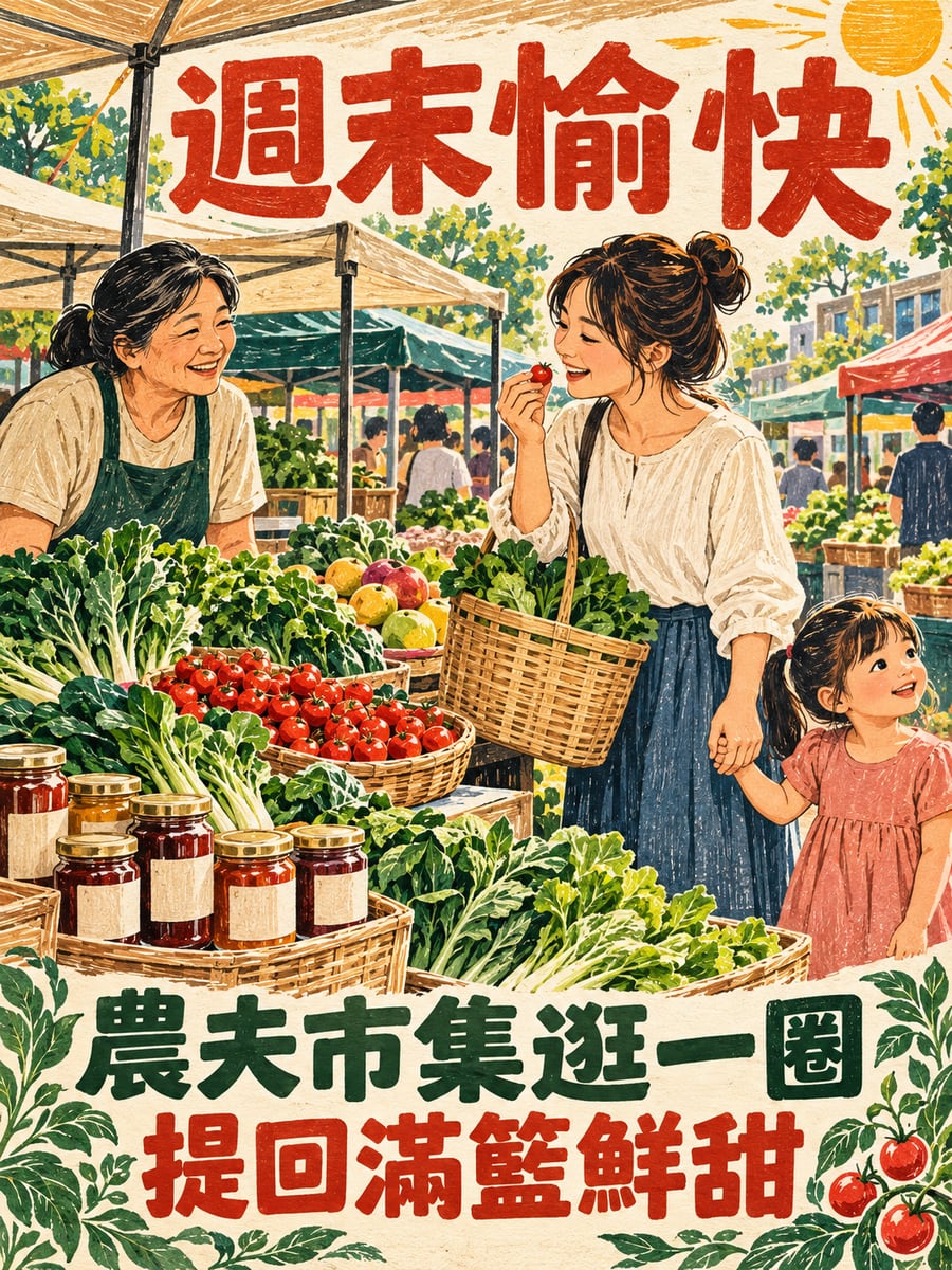 逛農夫市集。圖中文字：週末愉快，農夫市集逛一圈，提回滿籃鮮甜