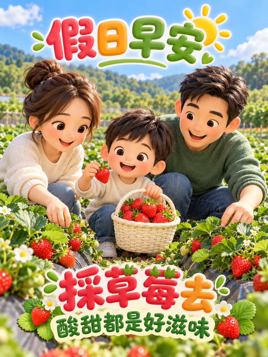 全家採草莓。圖中文字：假日早安，採草莓去，酸甜都是好滋味