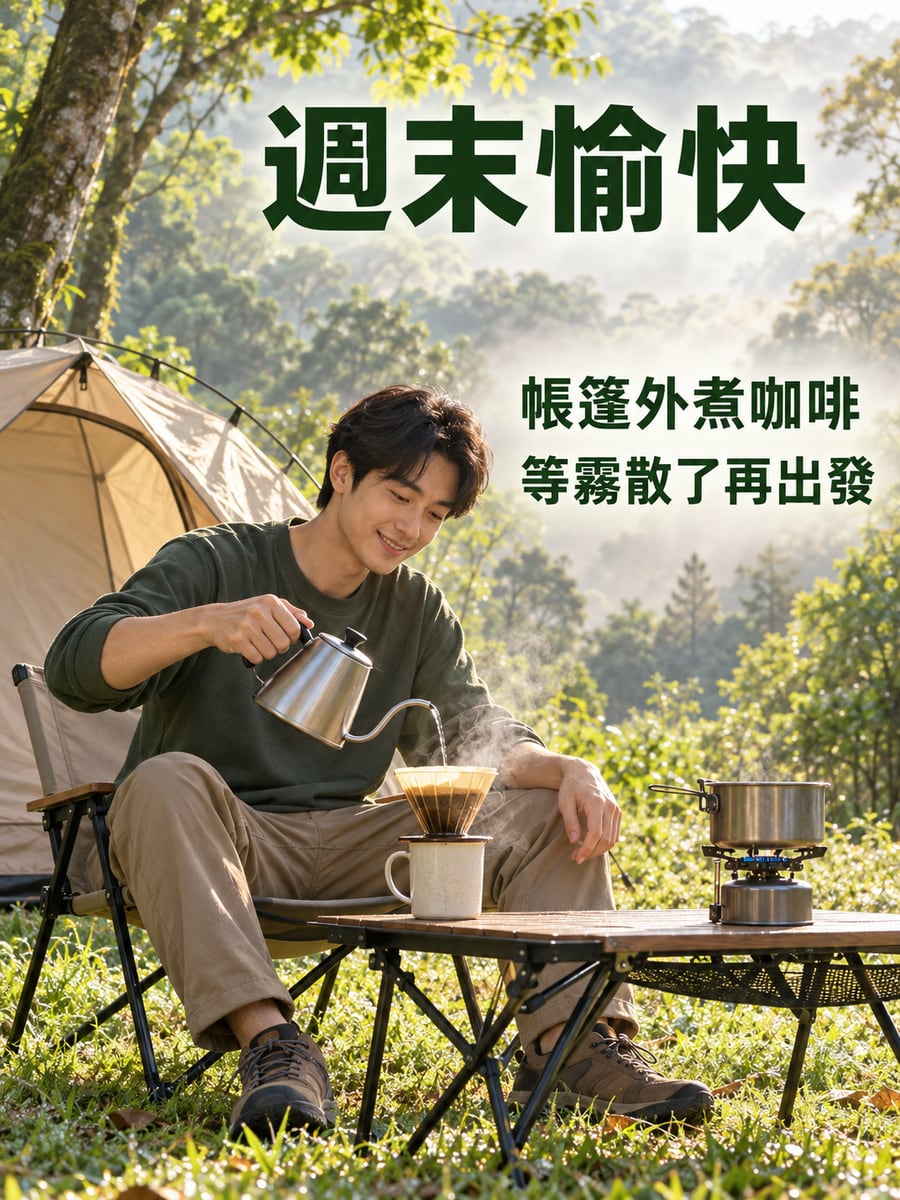 帳篷外煮咖啡。圖中文字：週末愉快，帳篷外煮咖啡，等霧散了再出發
