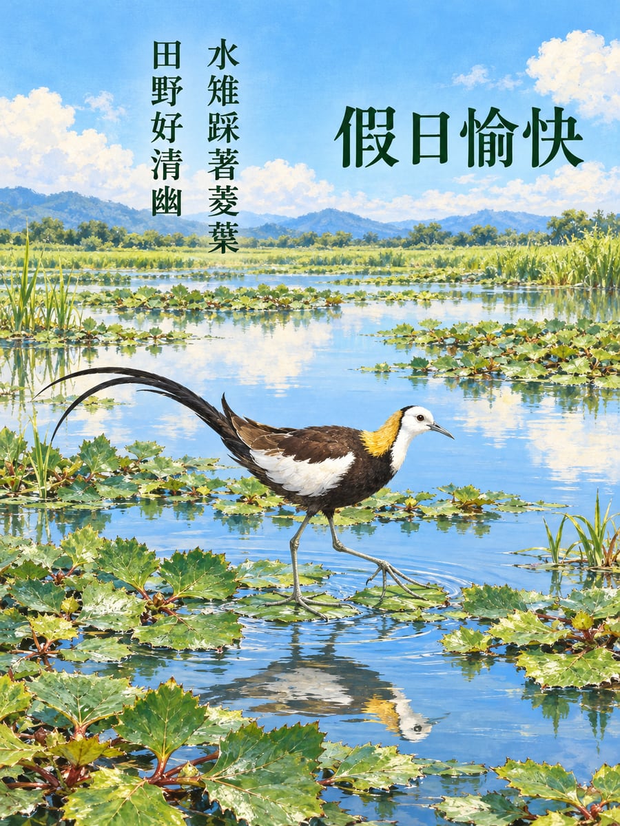 菱角田的水雉。圖中文字：假日愉快，水雉踩著菱葉，田野好清幽