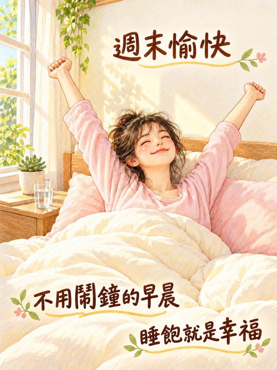 睡飽伸懶腰。圖中文字：週末愉快，不用鬧鐘的早晨，睡飽就是幸福