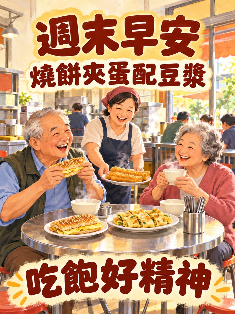 阿公阿嬤吃燒餅豆漿。圖中文字：週末早安，燒餅夾蛋配豆漿，吃飽好精神