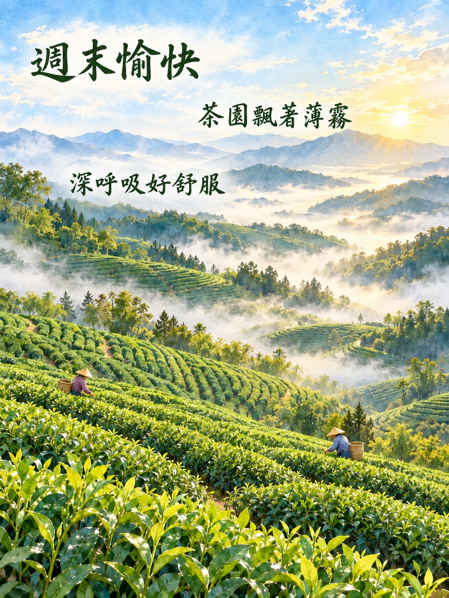 茶園的晨霧。圖中文字：週末愉快，茶園飄著薄霧，深呼吸好舒服