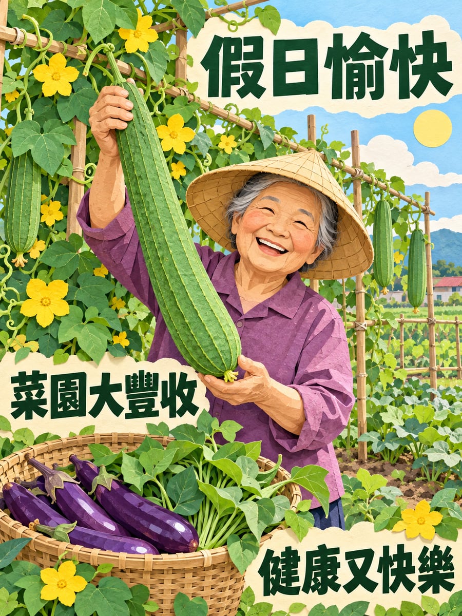 阿嬤採絲瓜。圖中文字：假日愉快，菜園大豐收，健康又快樂