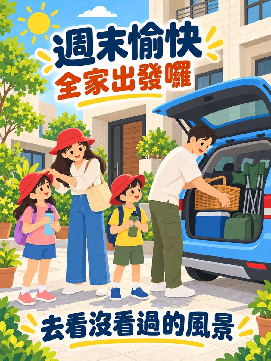全家準備出遊。圖中文字：週末愉快，全家出發囉，去看沒看過的風景