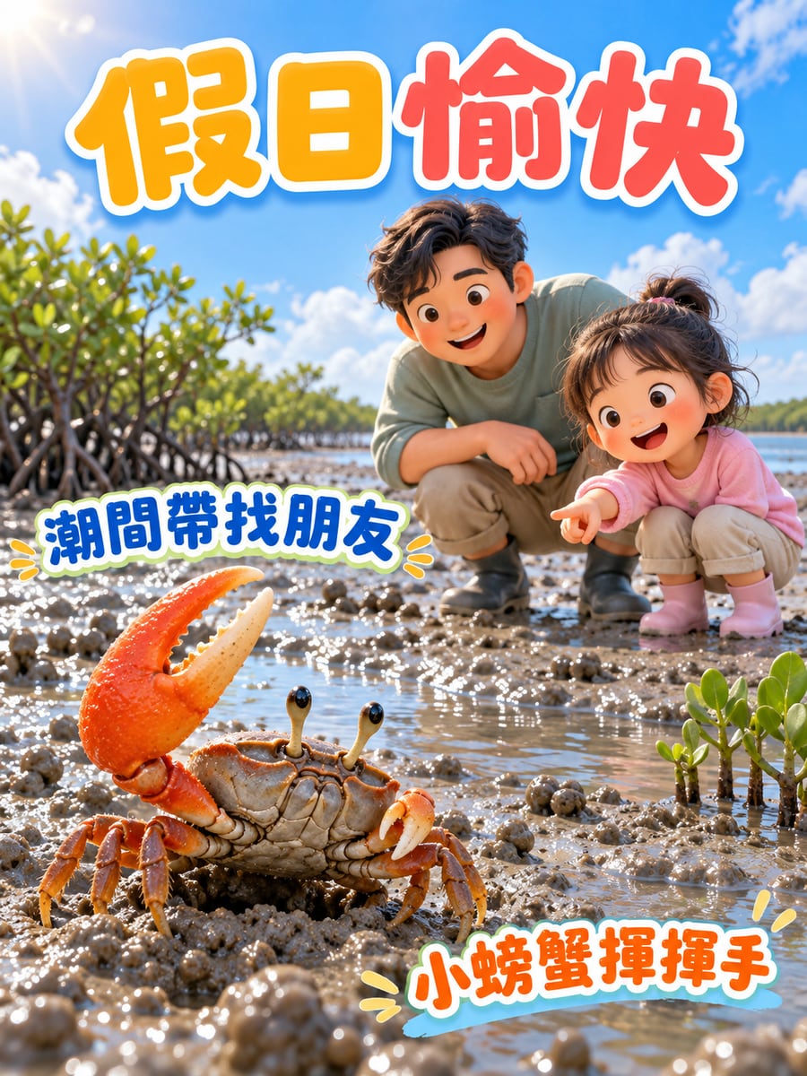 潮間帶的招潮蟹。圖中文字：假日愉快，潮間帶找朋友，小螃蟹揮揮手
