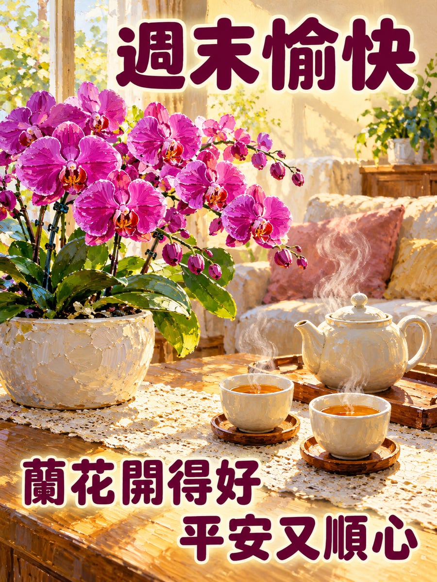 蘭花與熱茶。圖中文字：週末愉快，蘭花開得好，平安又順心