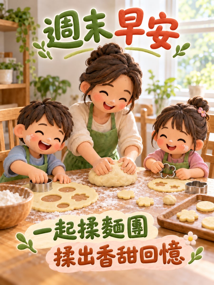 親子揉麵團。圖中文字：週末早安，一起揉麵團，揉出香甜回憶