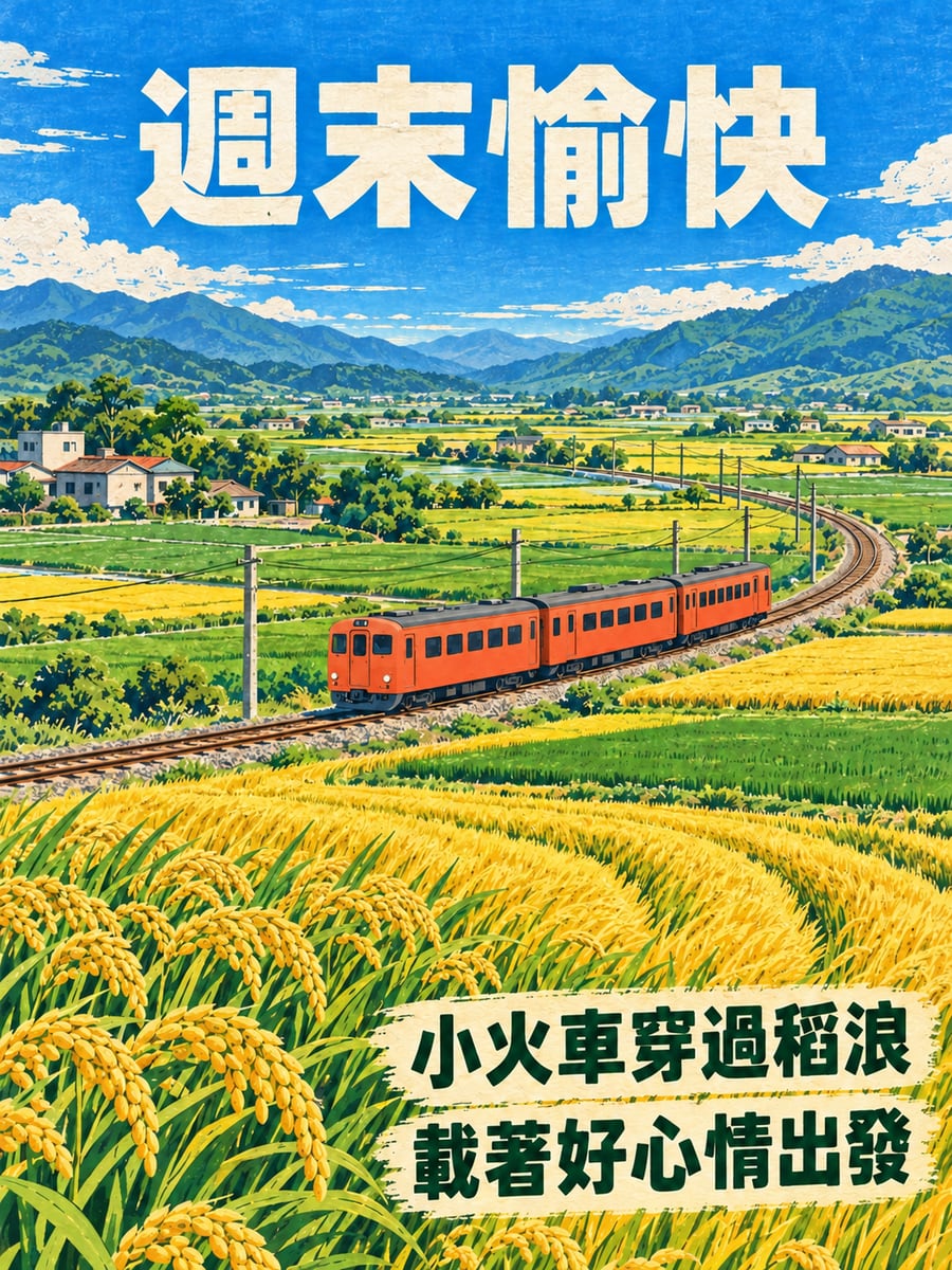 小火車穿過稻浪。圖中文字：週末愉快，小火車穿過稻浪，載著好心情出發