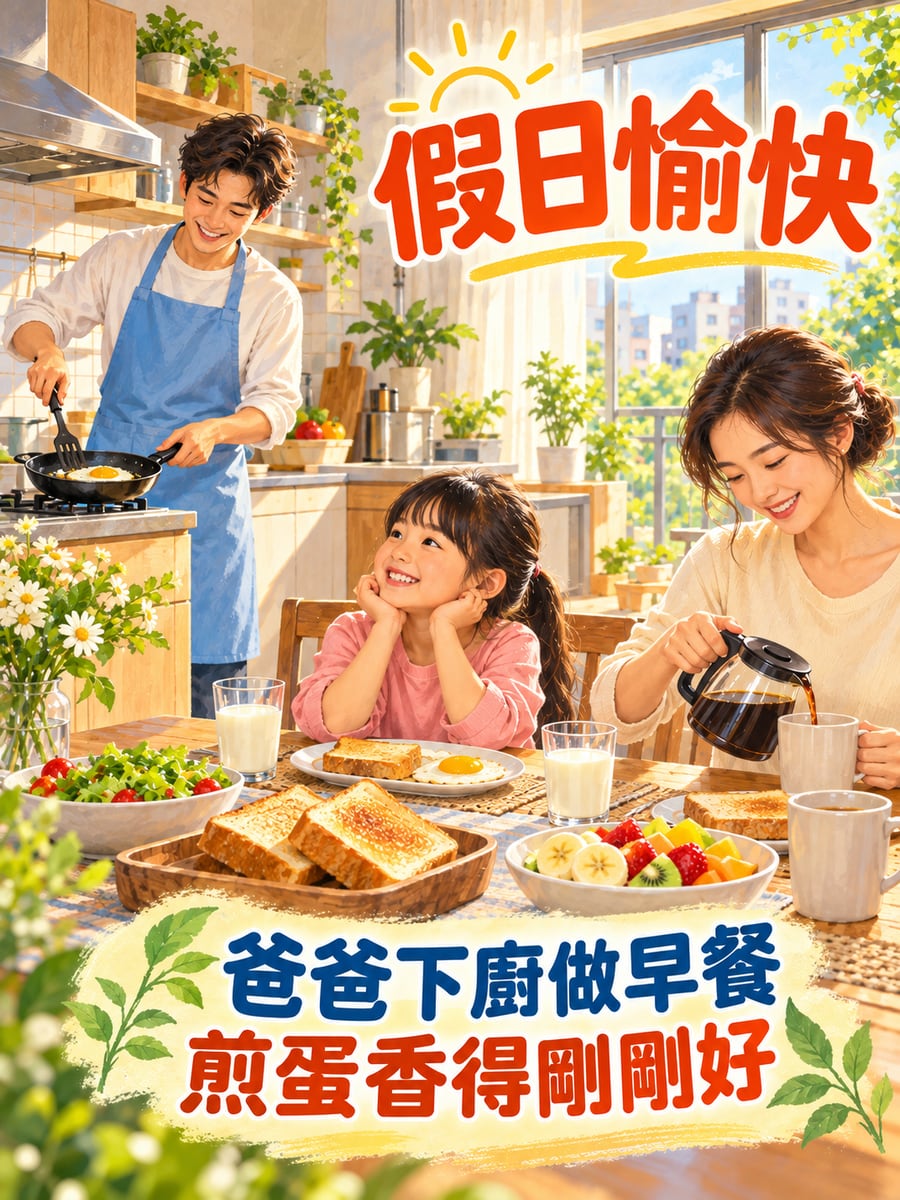 爸爸下廚做早餐。圖中文字：假日愉快，爸爸下廚做早餐，煎蛋香得剛剛好