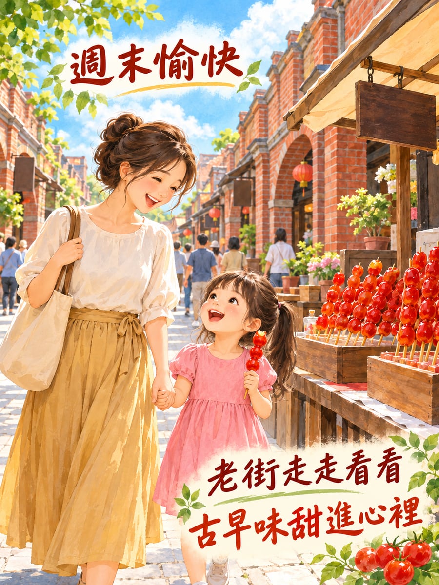 老街吃糖葫蘆。圖中文字：週末愉快，老街走走看看，古早味甜進心裡