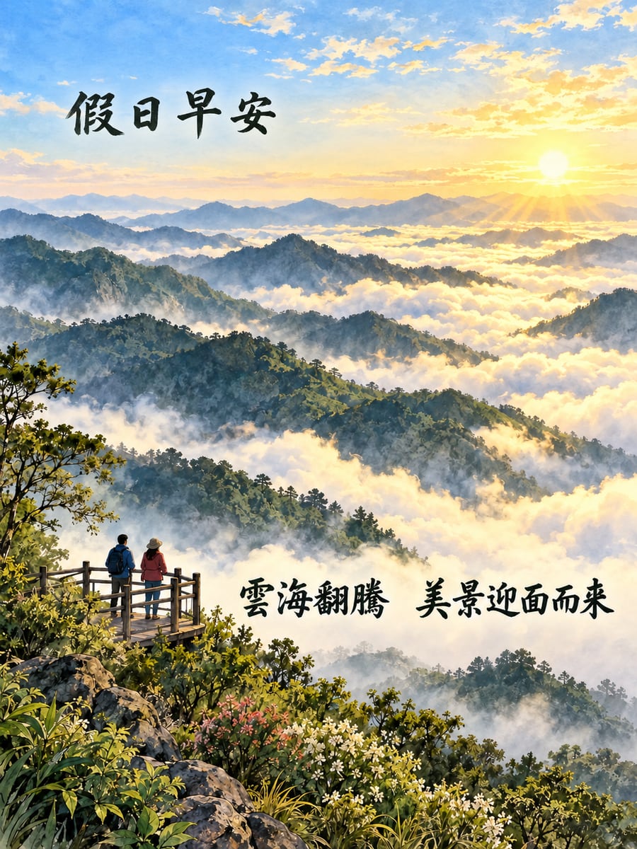 峰巒間的雲海。圖中文字：假日早安，雲海翻騰，美景迎面而來