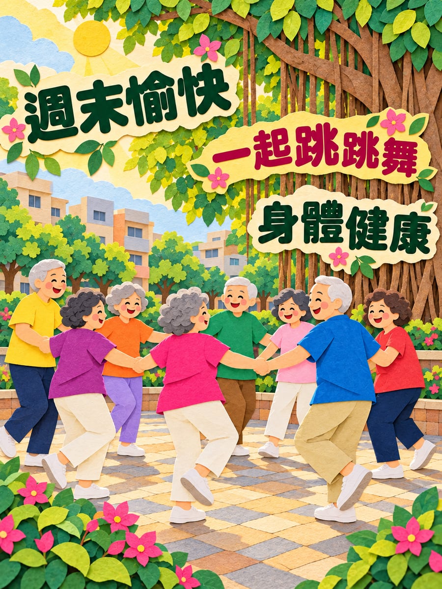 長輩跳土風舞。圖中文字：週末愉快，一起跳跳舞，身體健康