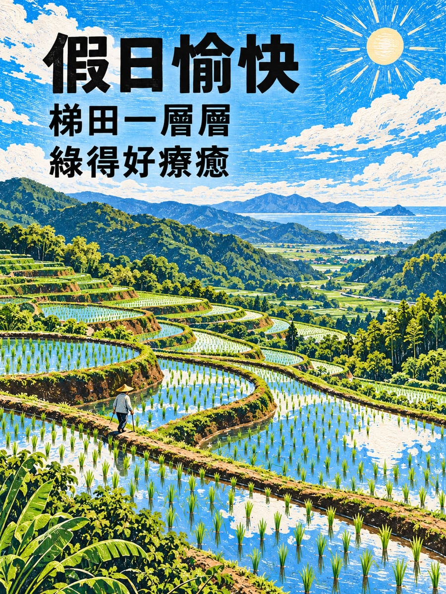 梯田映藍天。圖中文字：假日愉快，梯田一層層，綠得好療癒