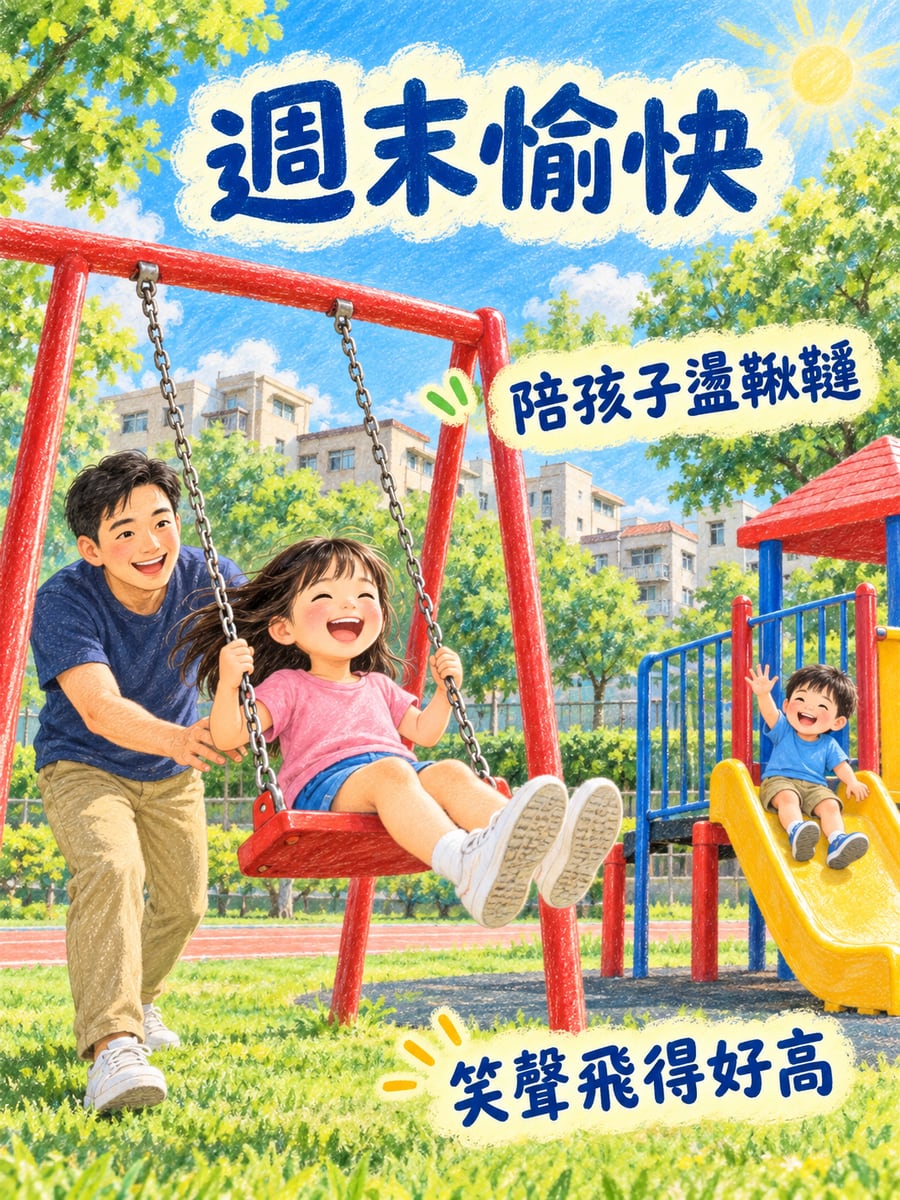 陪孩子盪鞦韆。圖中文字：週末愉快，陪孩子盪鞦韆，笑聲飛得好高
