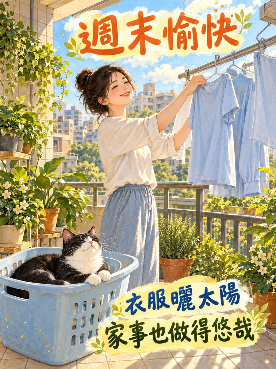 賓士貓陪曬衣服。圖中文字：週末愉快，衣服曬太陽，家事也做得悠哉