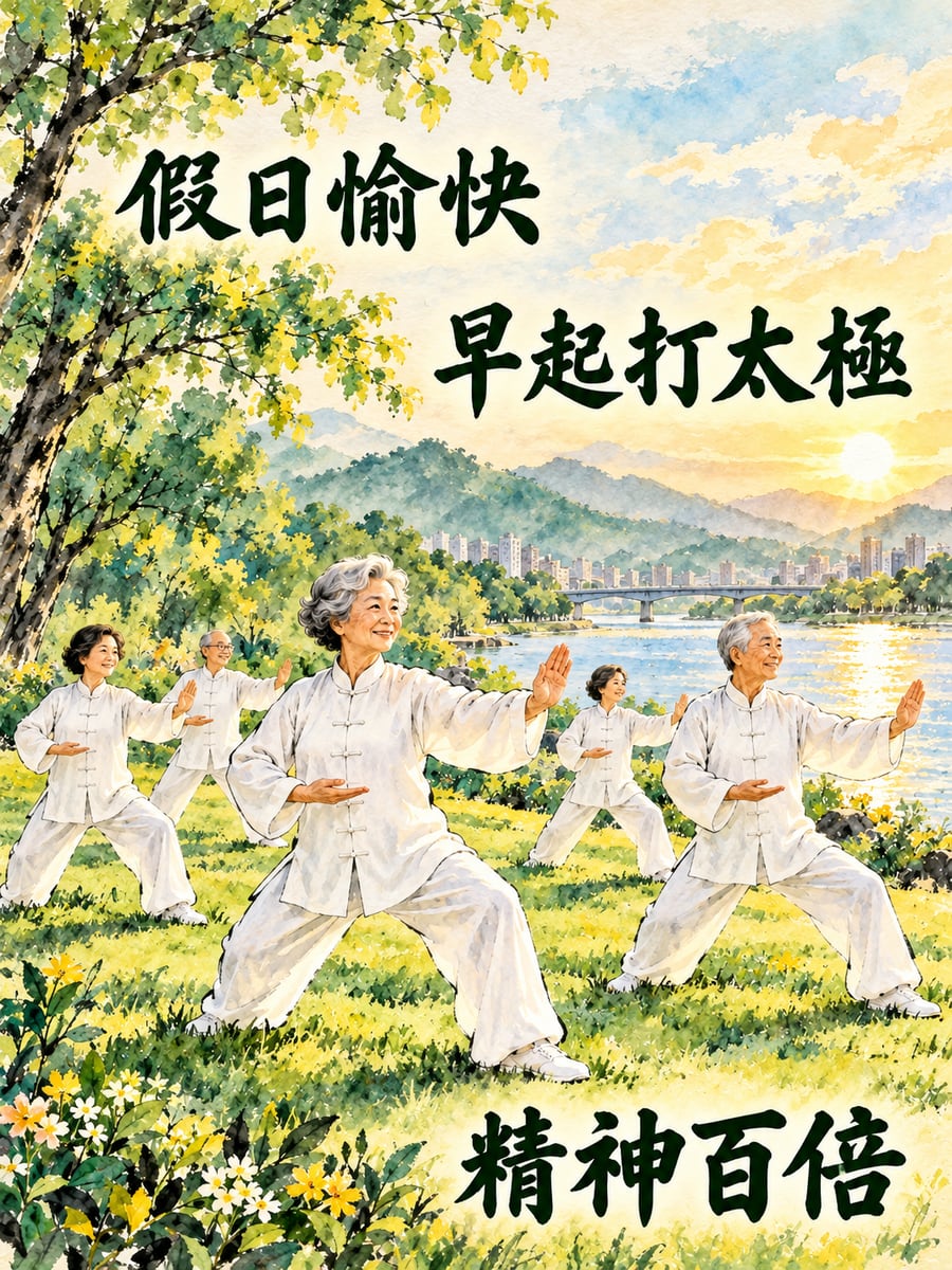 長輩打太極。圖中文字：假日愉快，早起打太極，精神百倍