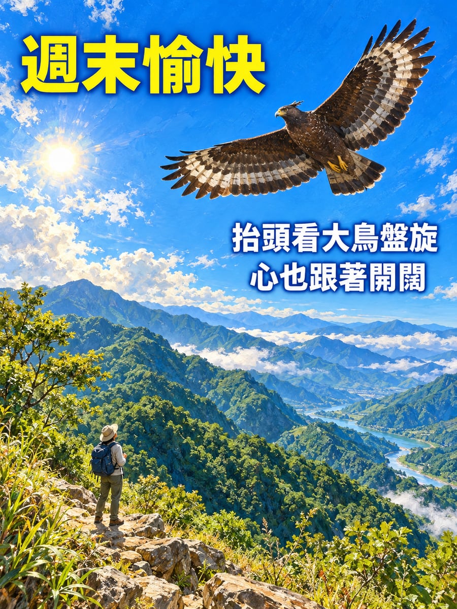 大冠鷲盤旋。圖中文字：週末愉快，抬頭看大鳥盤旋，心也跟著開闊