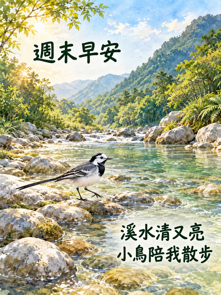 溪石上的鶺鴒。圖中文字：週末早安，溪水清又亮，小鳥陪我散步