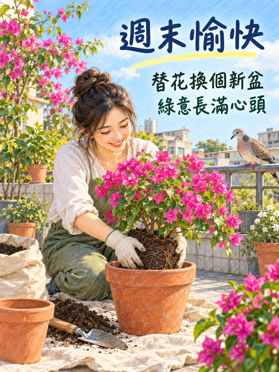 頂樓換盆的早晨。圖中文字：週末愉快，替花換個新盆，綠意長滿心頭