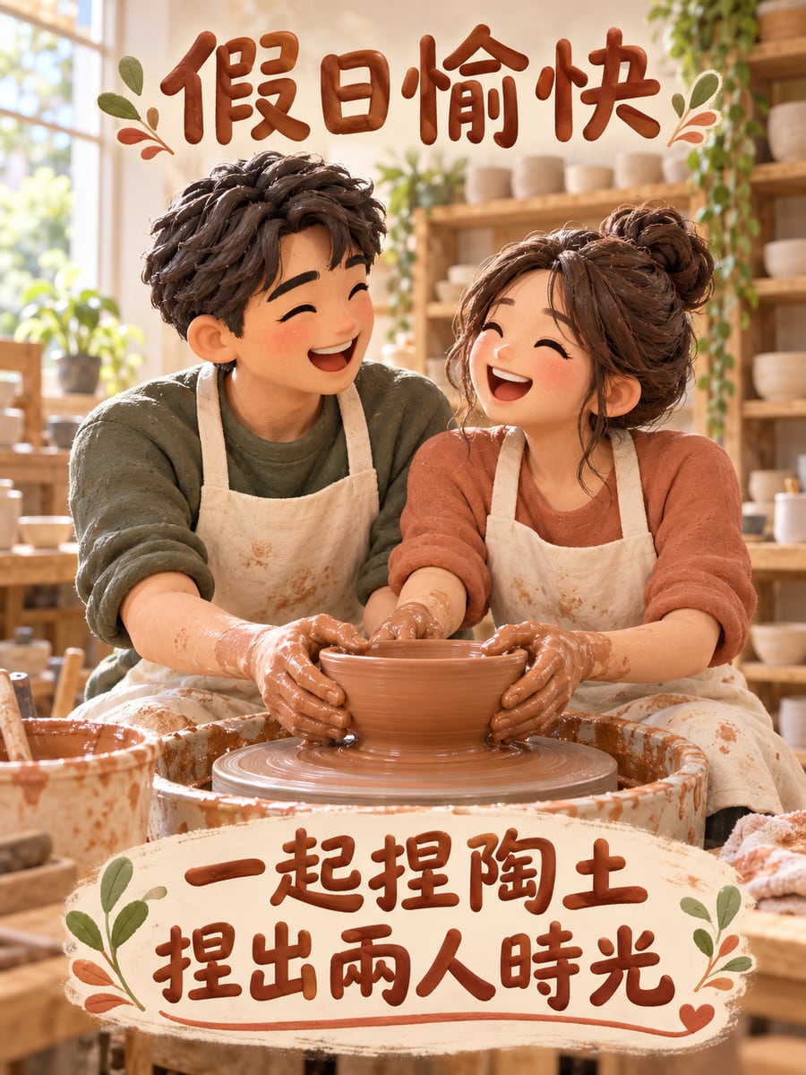 情侶一起捏陶。圖中文字：假日愉快，一起捏陶土，捏出兩人時光