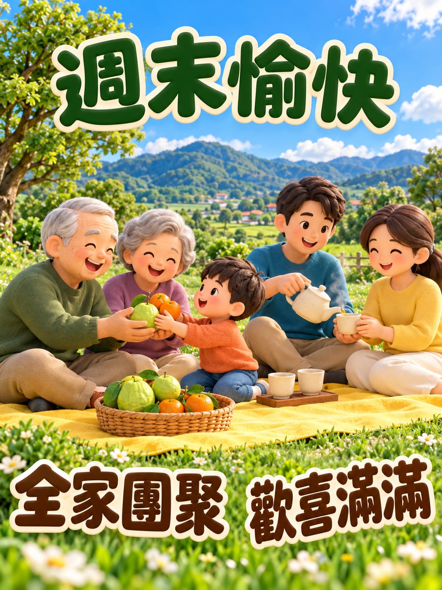 三代同堂草坪野餐。圖中文字：週末愉快，全家團聚，歡喜滿滿