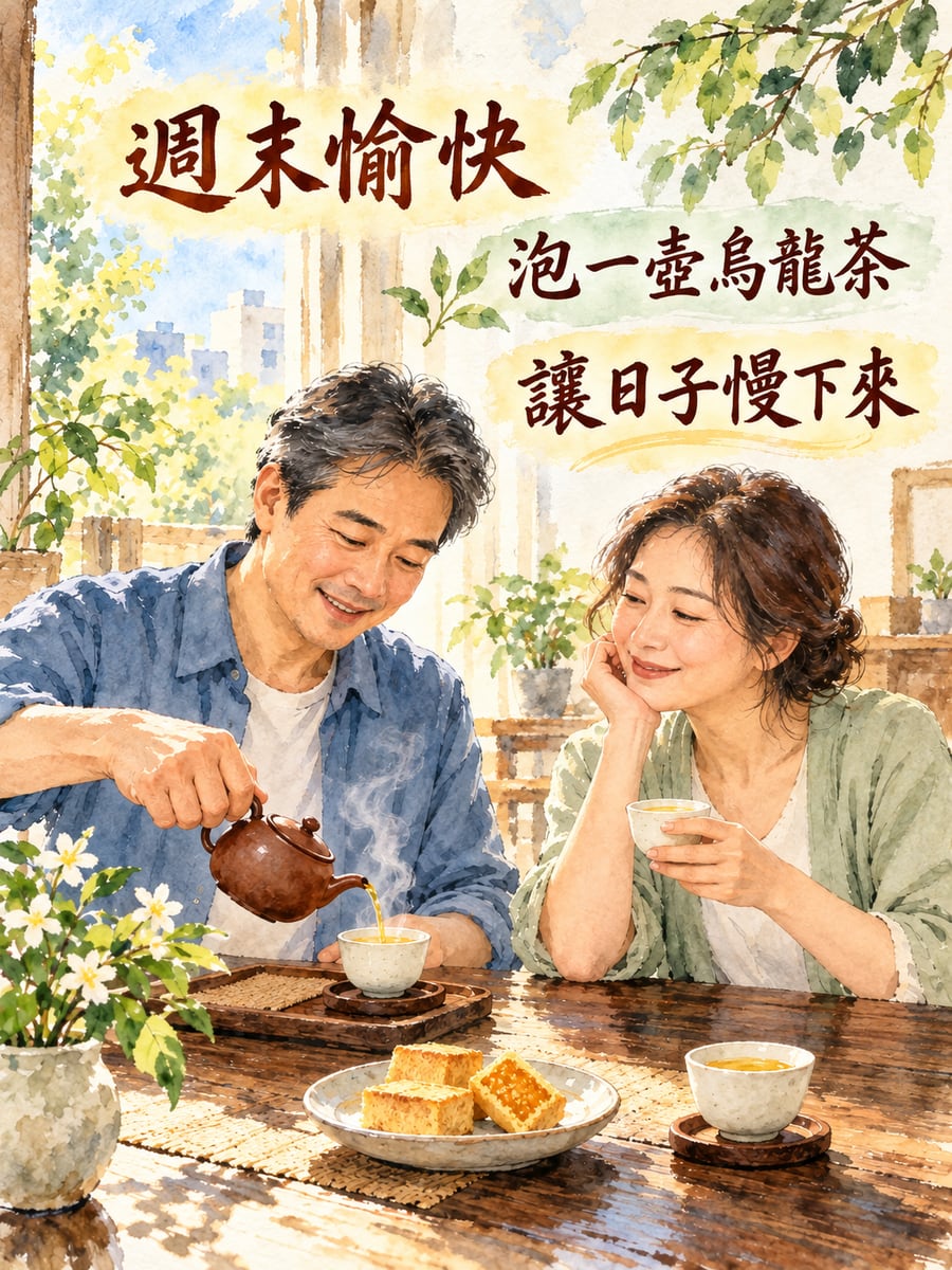 夫妻泡烏龍茶。圖中文字：週末愉快，泡一壺烏龍茶，讓日子慢下來