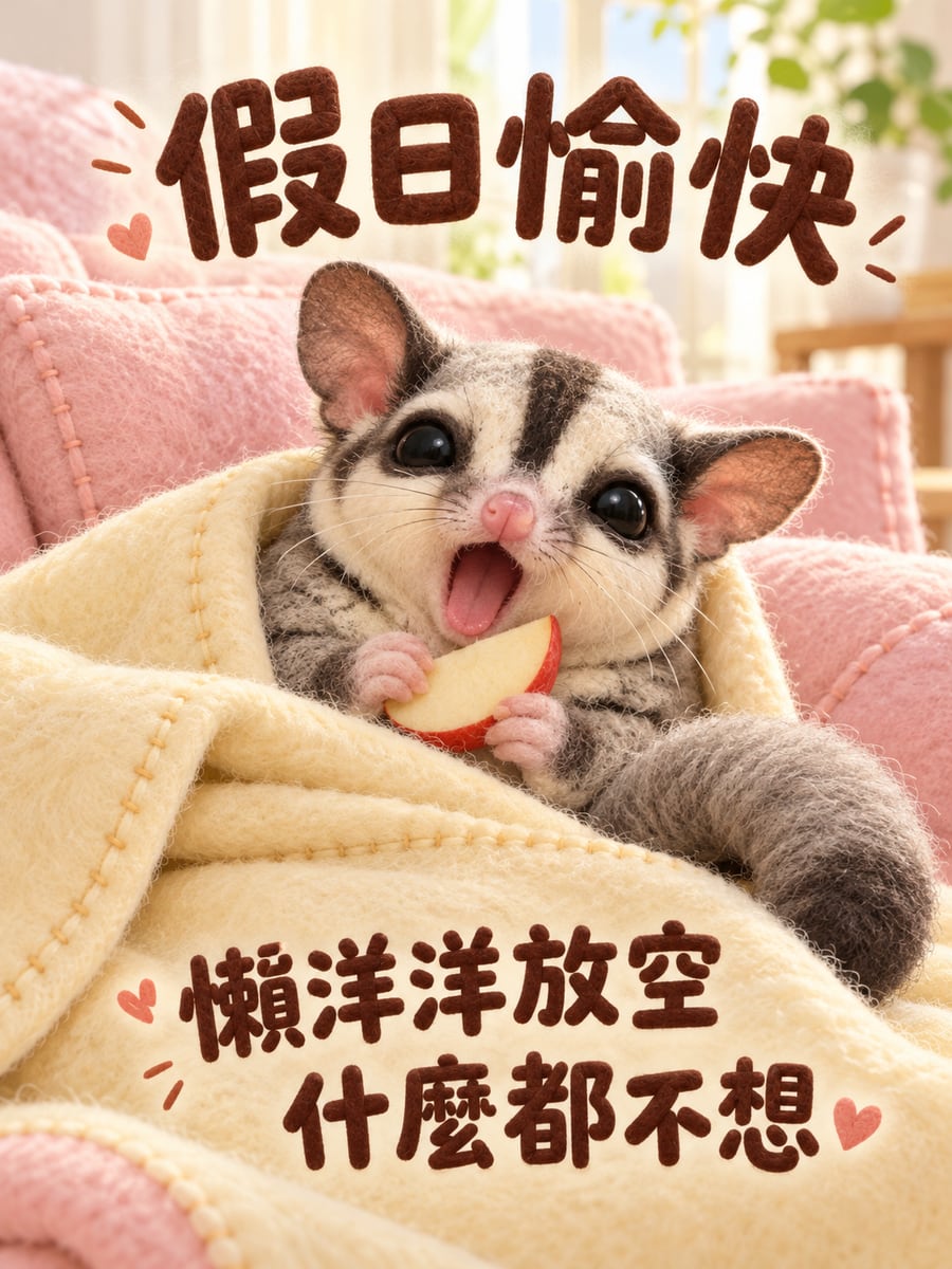 蜜袋鼯放空。圖中文字：假日愉快，懶洋洋放空，什麼都不想