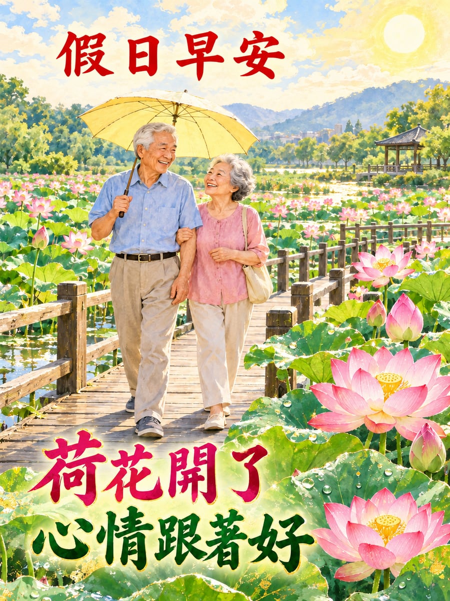 荷花池賞荷。圖中文字：假日早安，荷花開了，心情跟著好