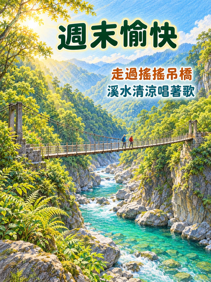 溪谷吊橋。圖中文字：週末愉快，走過搖搖吊橋，溪水清涼唱著歌
