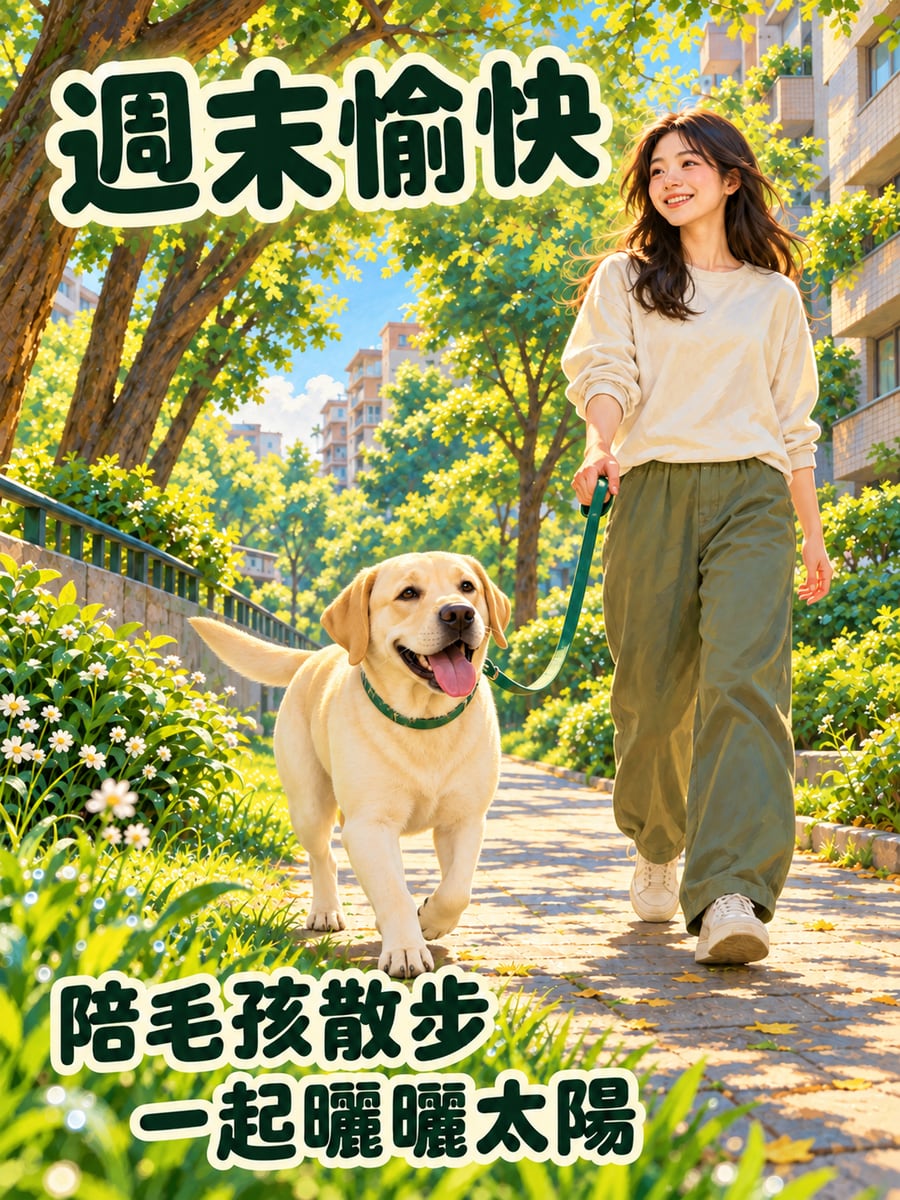 陪拉布拉多散步。圖中文字：週末愉快，陪毛孩散步，一起曬曬太陽