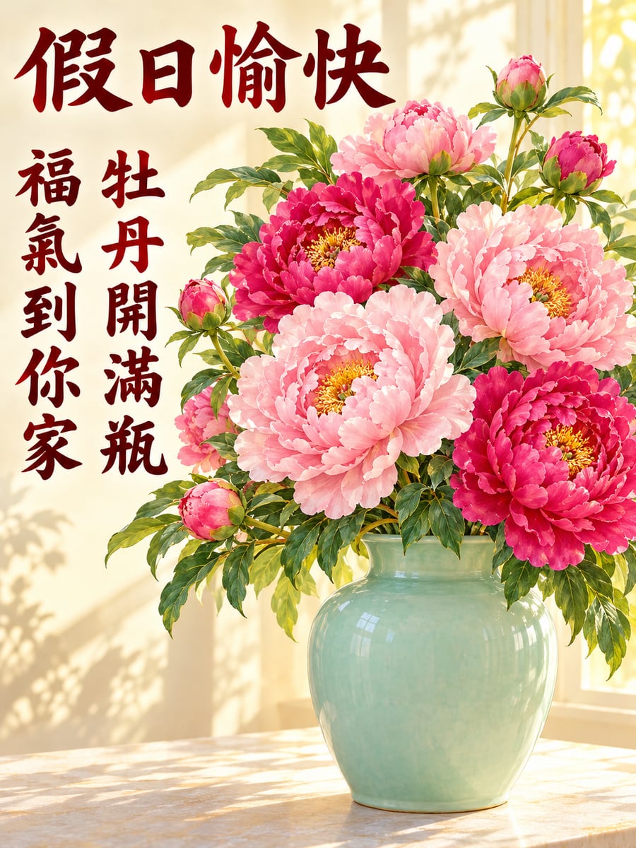 富貴牡丹。圖中文字：假日愉快，牡丹開滿瓶，福氣到你家