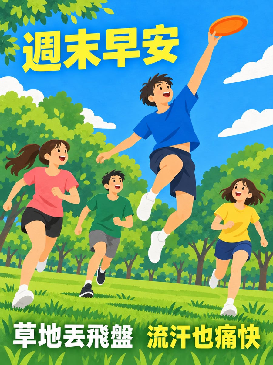 草地丟飛盤。圖中文字：週末早安，草地丟飛盤，流汗也痛快