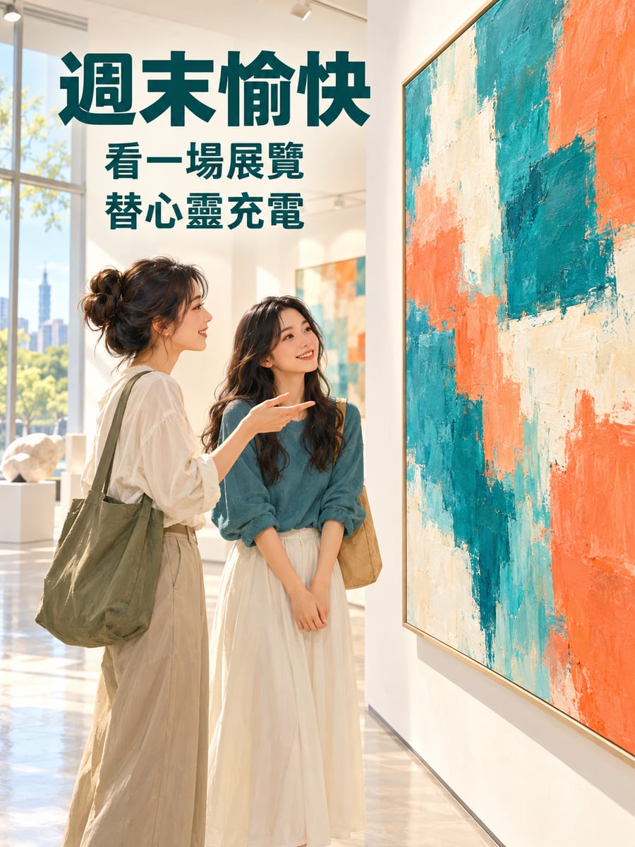 美術館看展。圖中文字：週末愉快，看一場展覽，替心靈充電
