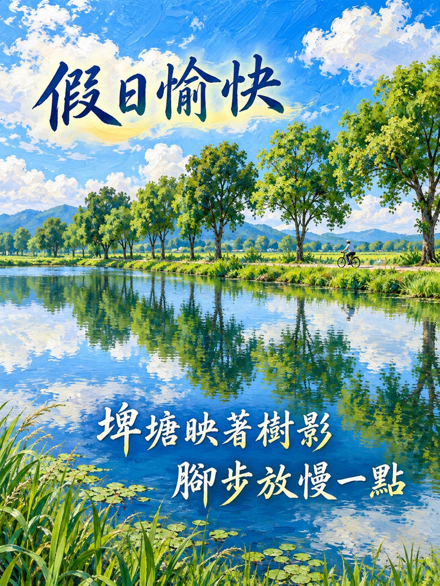 埤塘的樹影。圖中文字：假日愉快，埤塘映著樹影，腳步放慢一點