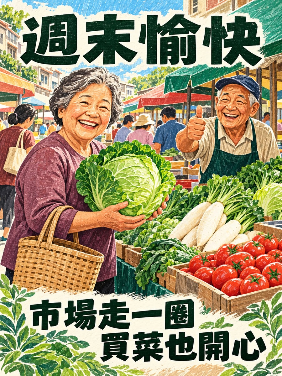 阿嬤買高麗菜。圖中文字：週末愉快，市場走一圈，買菜也開心
