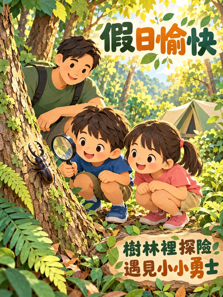 樹林裡的鍬形蟲。圖中文字：假日愉快，樹林裡探險，遇見小小勇士