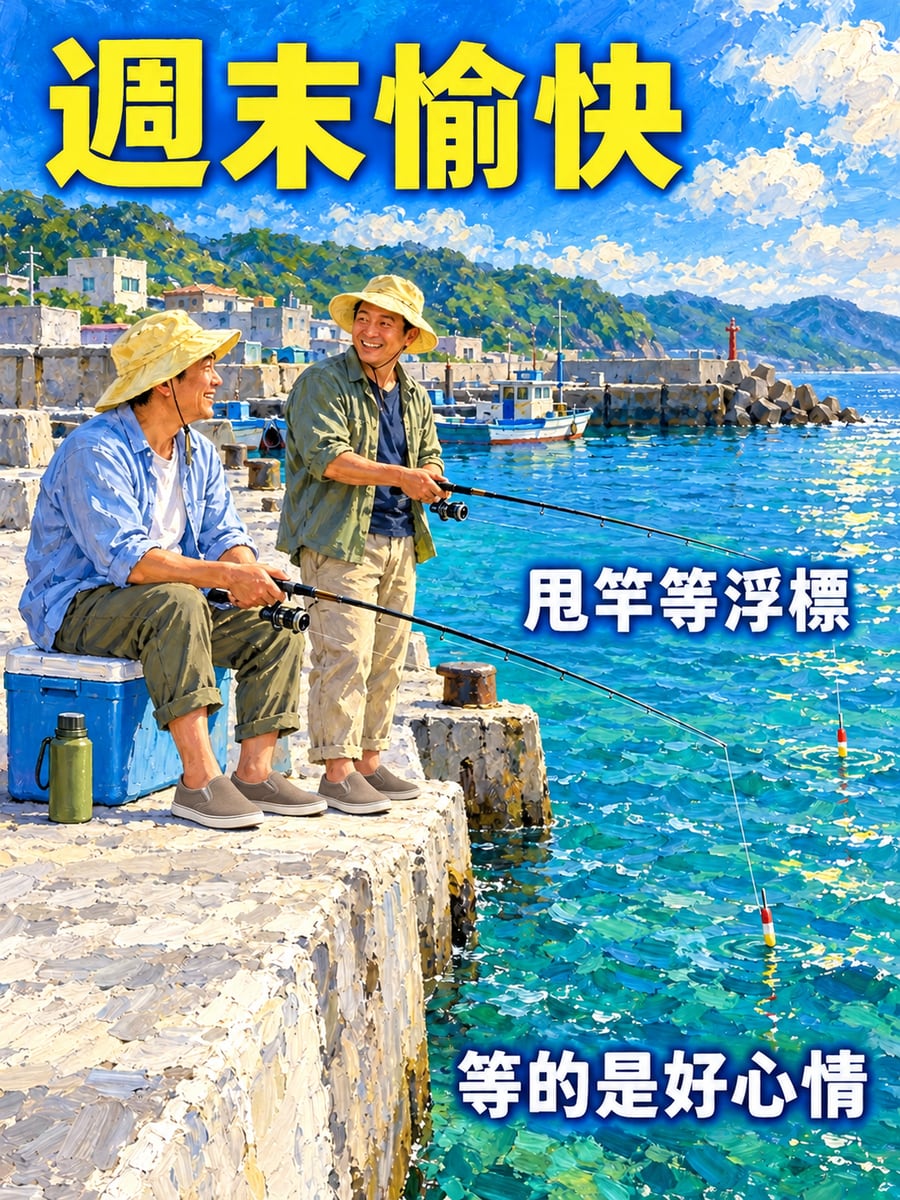 堤防甩竿。圖中文字：週末愉快，甩竿等浮標，等的是好心情