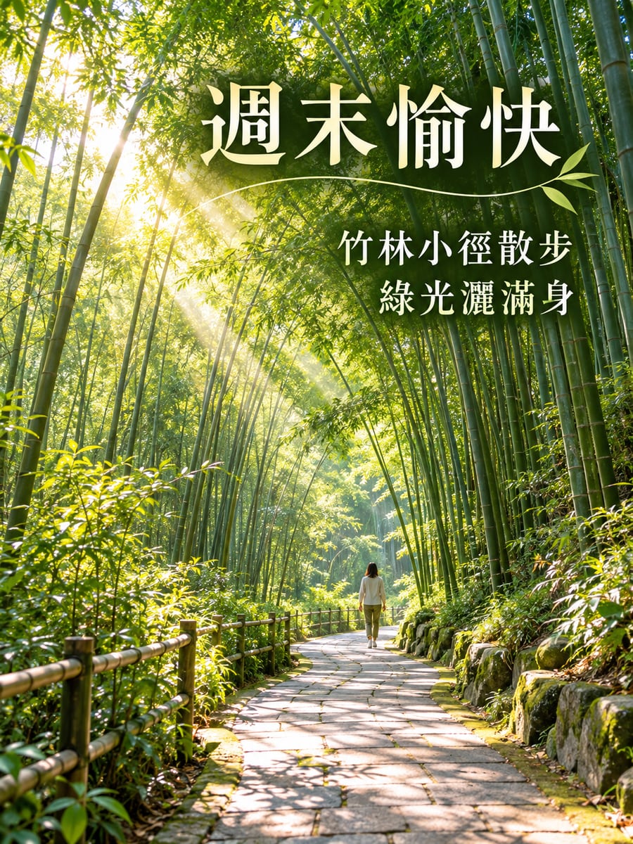 竹林小徑。圖中文字：週末愉快，竹林小徑散步，綠光灑滿身