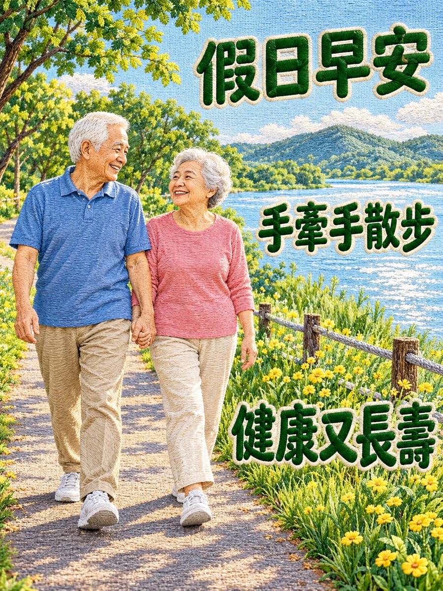 老夫妻手牽手散步。圖中文字：假日早安，手牽手散步，健康又長壽