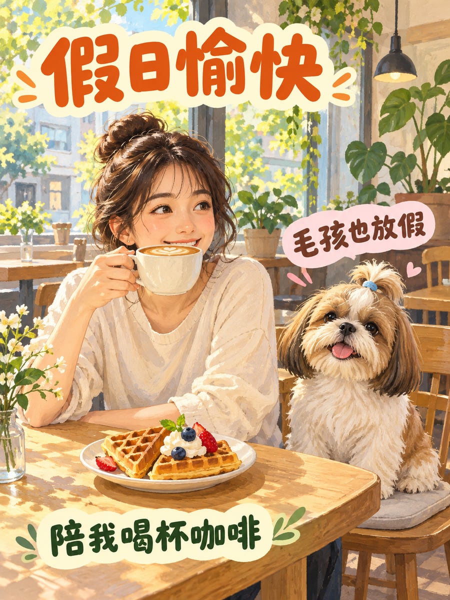 西施犬陪喝咖啡。圖中文字：假日愉快，毛孩也放假，陪我喝杯咖啡