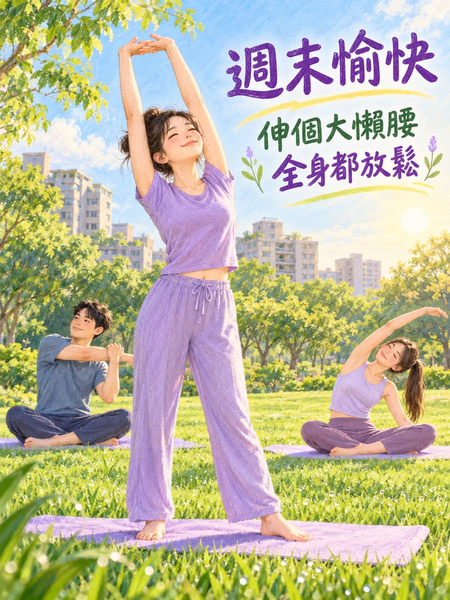 草坪做瑜伽。圖中文字：週末愉快，伸個大懶腰，全身都放鬆