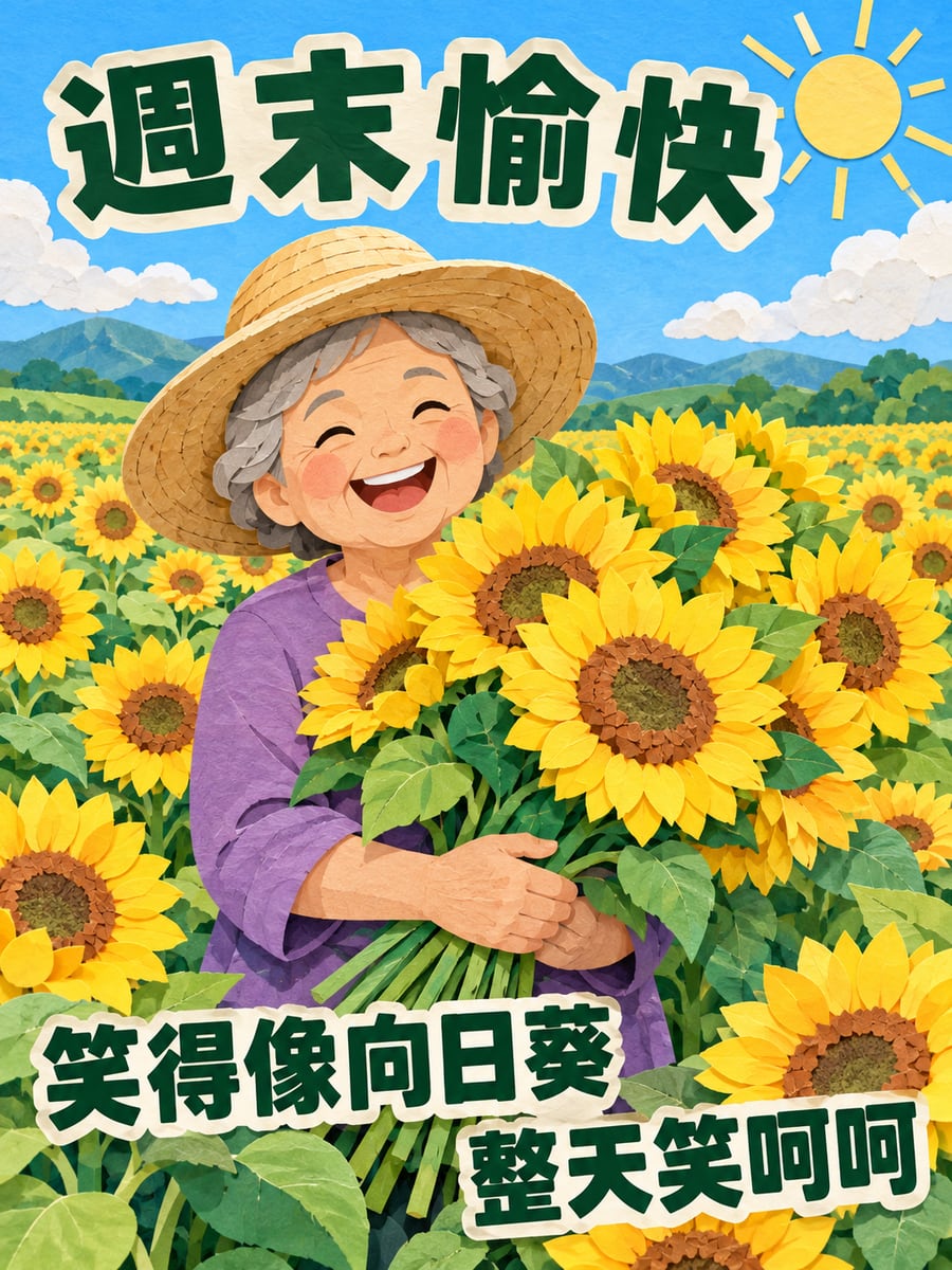 阿嬤抱向日葵。圖中文字：週末愉快，笑得像向日葵，整天笑呵呵