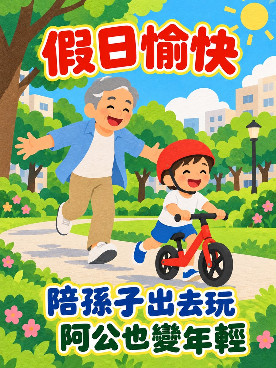阿公陪孫子騎滑步車。圖中文字：假日愉快，陪孫子出去玩，阿公也變年輕