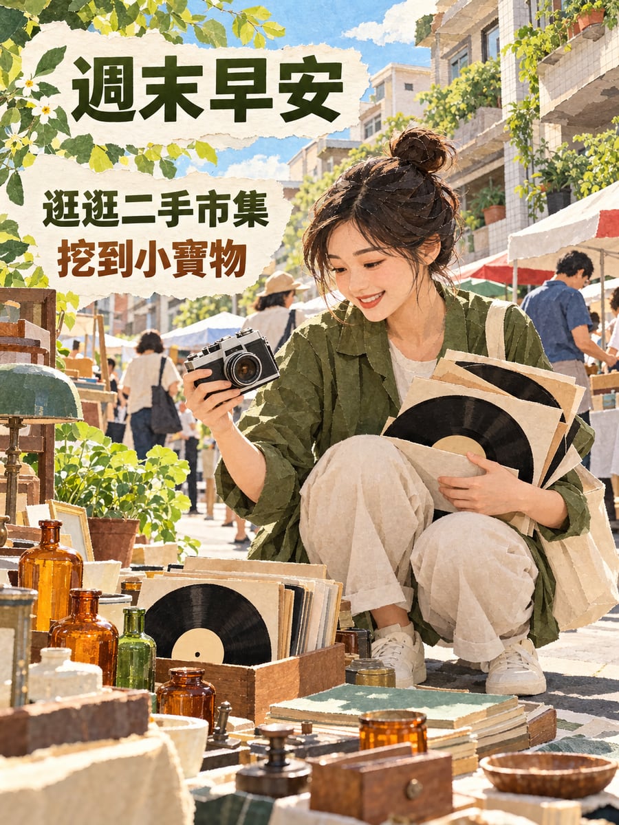 逛二手市集。圖中文字：週末早安，逛逛二手市集，挖到小寶物