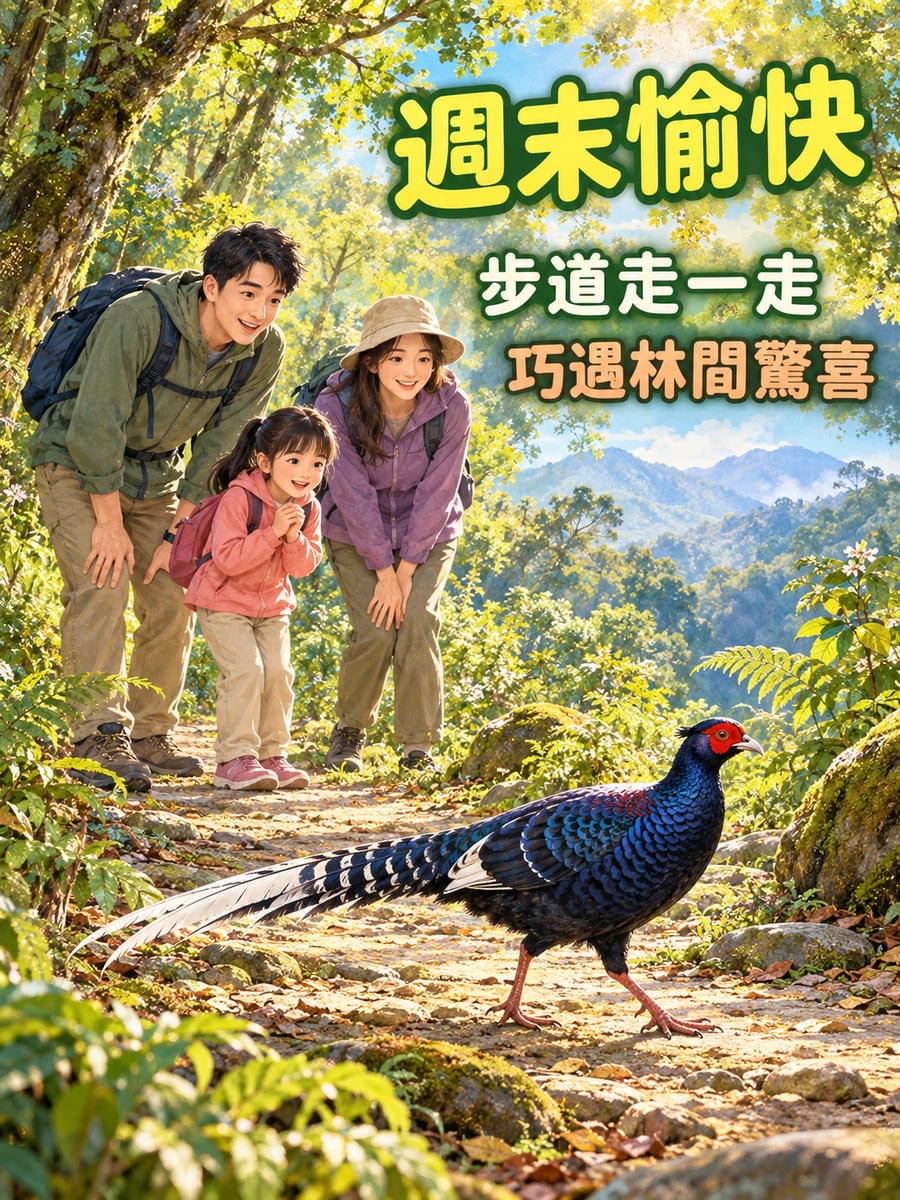步道巧遇帝雉。圖中文字：週末愉快，步道走一走，巧遇林間驚喜