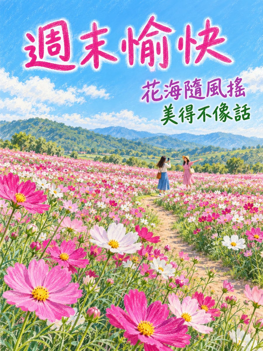 波斯菊花海。圖中文字：週末愉快，花海隨風搖，美得不像話