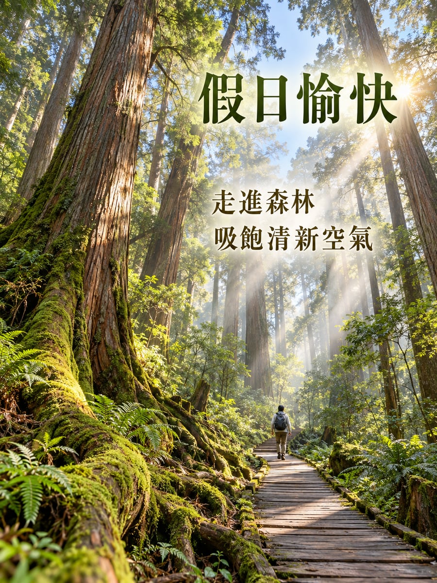 霧林裡的紅檜。圖中文字：假日愉快，走進森林，吸飽清新空氣
