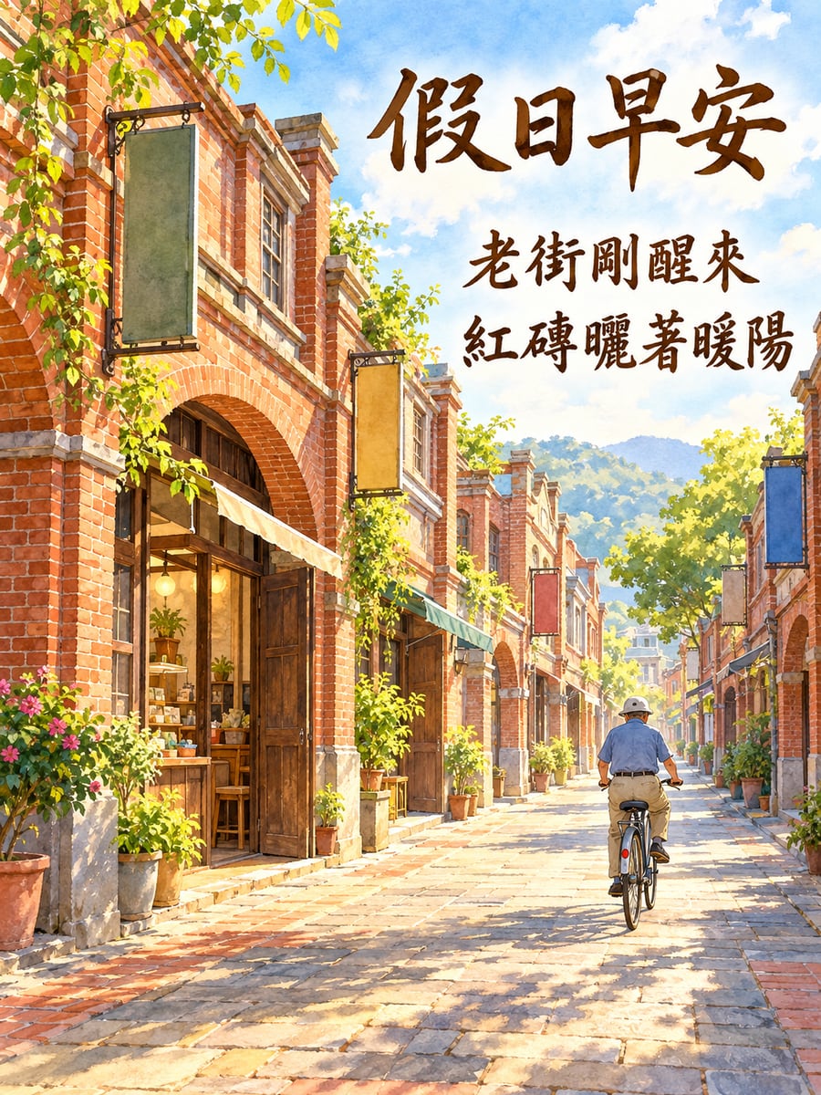 清晨的紅磚老街。圖中文字：假日早安，老街剛醒來，紅磚曬著暖陽