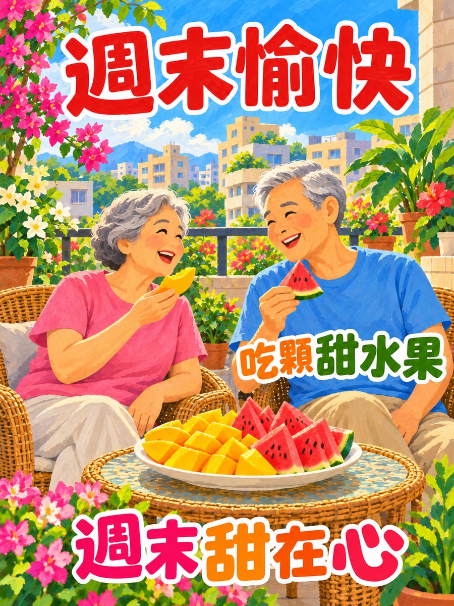 老夫妻吃水果。圖中文字：週末愉快，吃顆甜水果，週末甜在心
